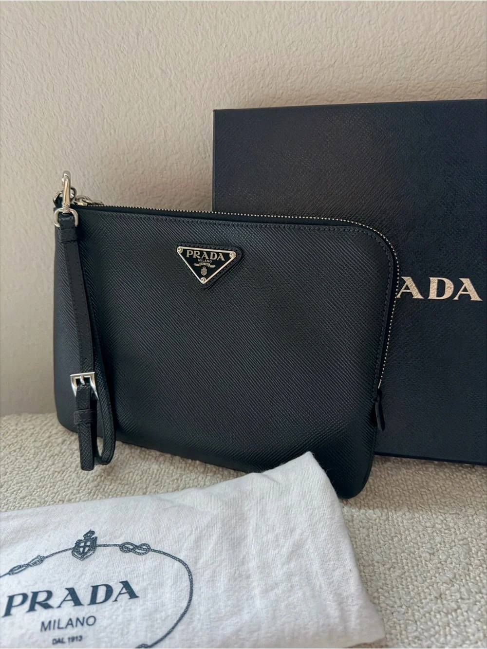 Prada Black Saffiano Leather Men’s  Wrist Strap Pouch